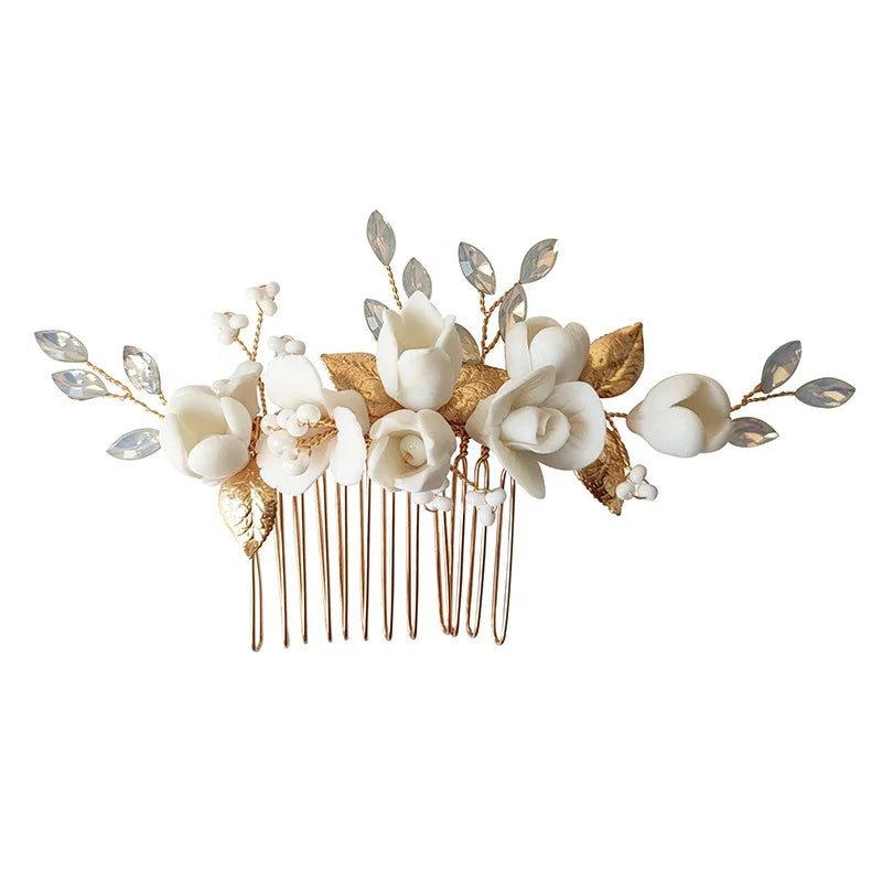 Bridal Hair Accessories Elegant Porcelain Flower Opal Crystal Jewelry Headpiece Fashionable Wedding Hair Combs for Women