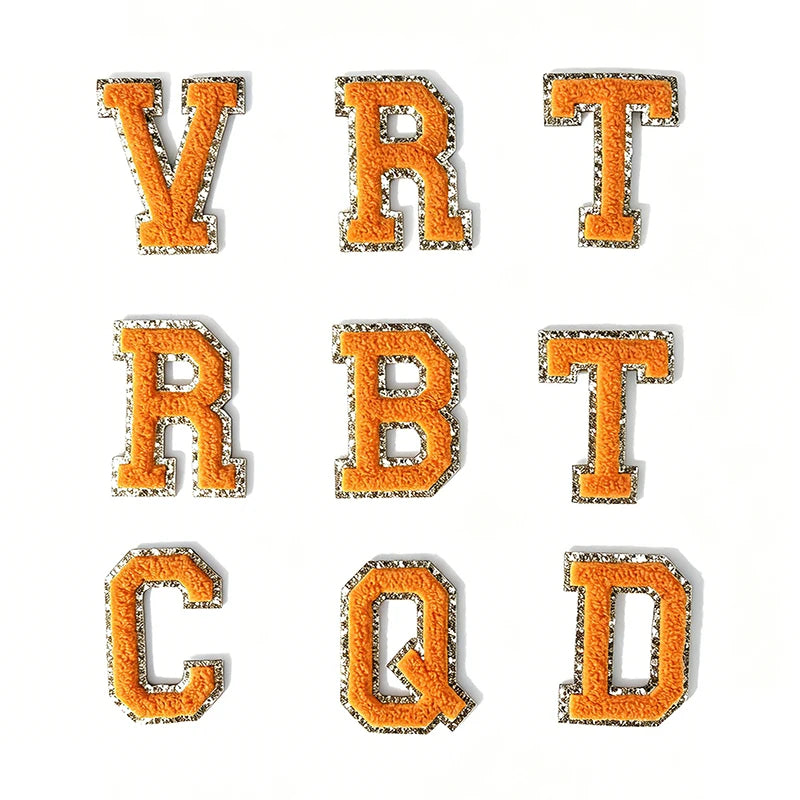 Orange Delivery the Next Day A-Z Letter in Stock Chenille Patch Golden Sequins Iron on Letter Patches