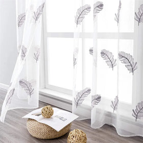 XinLan Modern Feather Embroidered Sheer Curtain Window Short Curtain Voile Tulle for Kitchen Bedroom Drape Half-Window