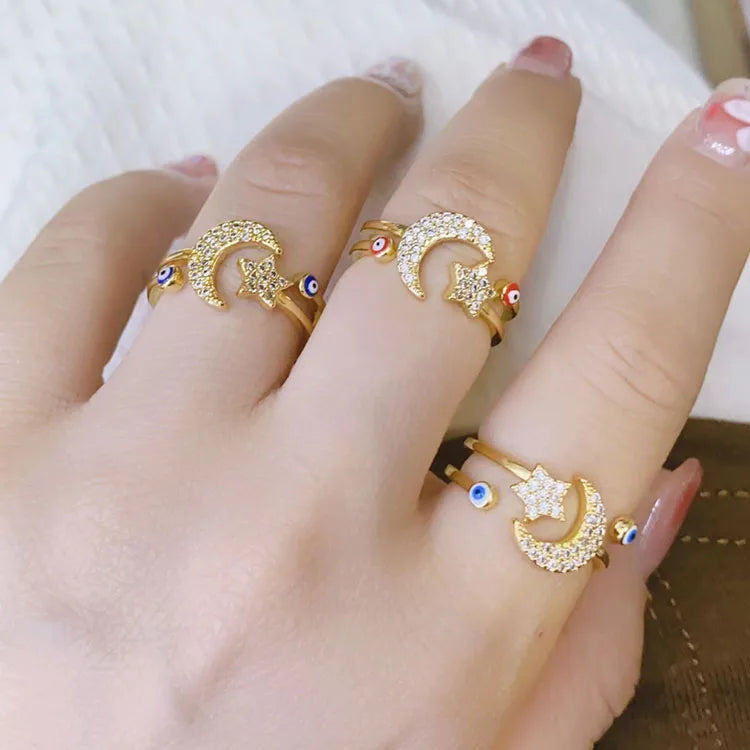 RM1491 Chic Delicate Minimalist Thin 18K Gold Diamond CZ Star and Moon Crescent Fish Evil Eyes Stacking Rings Gift for Her