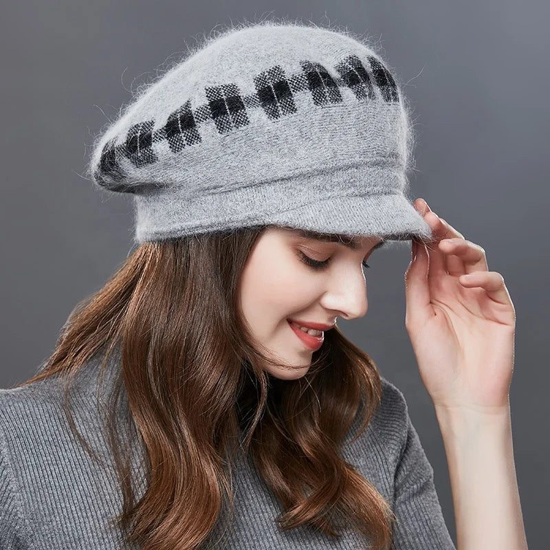 Winter Women Wool Beret Visor Hats Thick Plaid Knitted Beanie With Rhinestone Wholesale Casual Outdoor Hat for Elegant Ladies