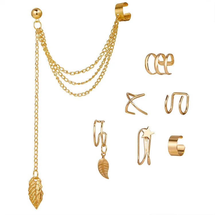 New Arrival Creative Leaf Pendant Simple Ins Popular Gold Non Piercing 7pcs Clip on Earrings Set for Women Girls