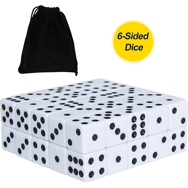 16mm Plastic White Dice 6 Sided Square Corner Acrylic Dice Standard Size Opaque White Dice with Black Pips Dots for Board Games