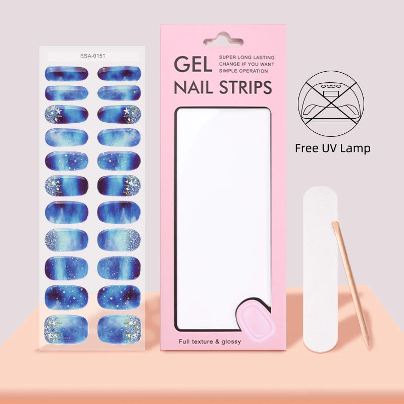 Blue Starry Sky Design NO UV Baked Pre-Cured Soft Gel Nail Sticker New Industry Product UV Free Gel Nail Stickers