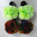 2020Custom Color Big Fluffy Fur Ball Pom Pom Real Fox Racoon Furry Fur Slippers Toddler Fur Slides for Mommy and Kids