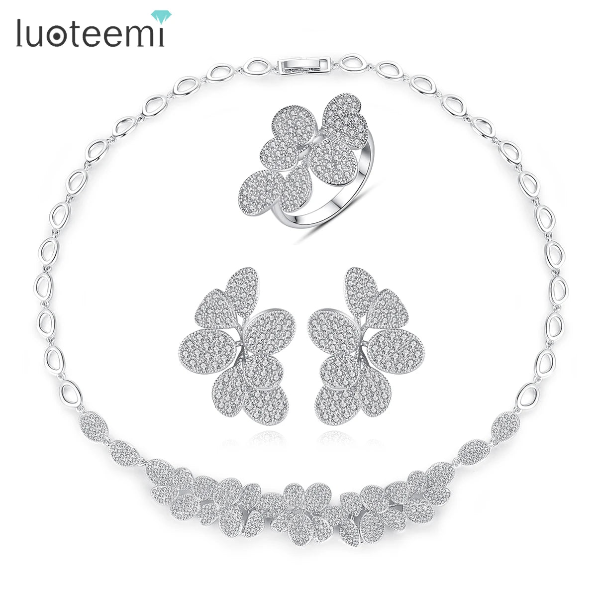 LUOTEEMI Big Flower Luxury Micro CZ Zircon India Bridal Jewelry Set Rhodium Plated Wedding Jewelry