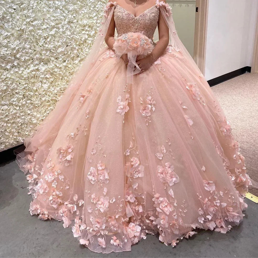 2026 Romantic Blush Pink Ball Gown Quinceanera Prom Dresses With Cape Wrap Beaded Lace Long Sweet 16 Dress MQ423