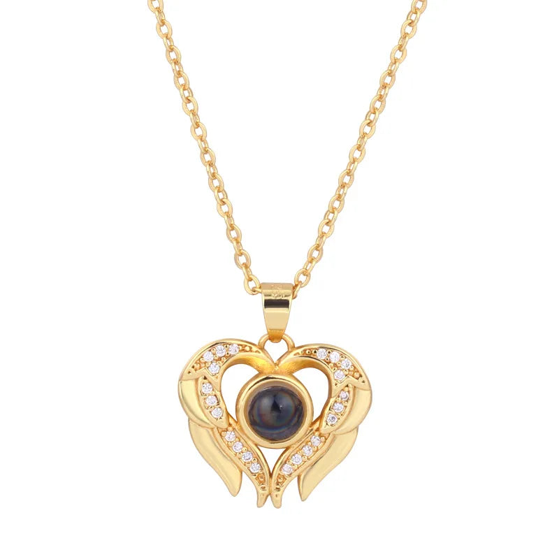 DUYIZHAO Hot Trendy Customized DIY Photo Projection Necklace 100 Language I Love You Wing Heart Necklace for Women Mom Gift