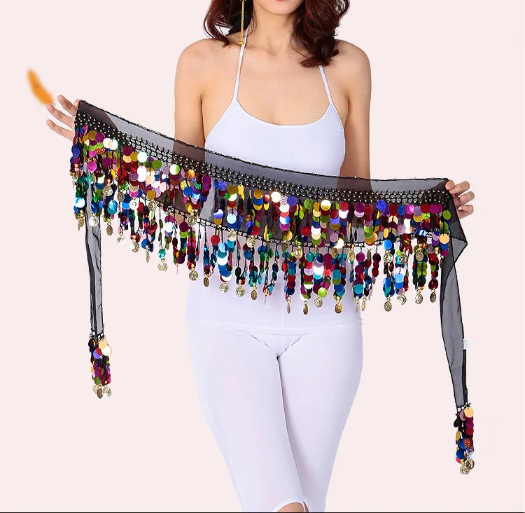 Bohemia Style Multicolored Sparkling Sequin Fringe Wrap Waist Skirt Hip Scarf for Belly Dance Performance Belt Chain Accessory