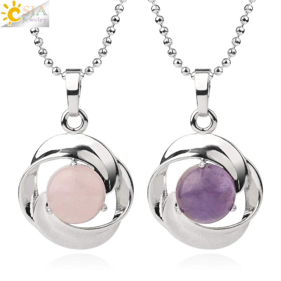 CSJA Fashion Gem Stone Necklace Silver Color Tiny Cabochon Reiki Crystal Pendants Charm Women Jewelry G502