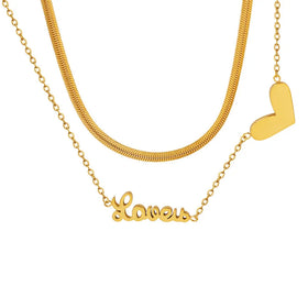 Double Layer Heart Peach Necklace for Women Clavicle Chain with English Letters and Hearts Couple's Necklace for Girls