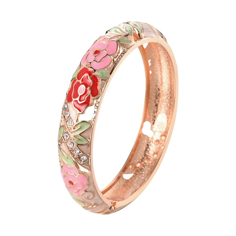 Daili Hollow Design Pink Bangle Colorful Flowers Zinc Alloy  Gold Plated  Bracelet for Women Jewelry Bracelet Custom Bracelets