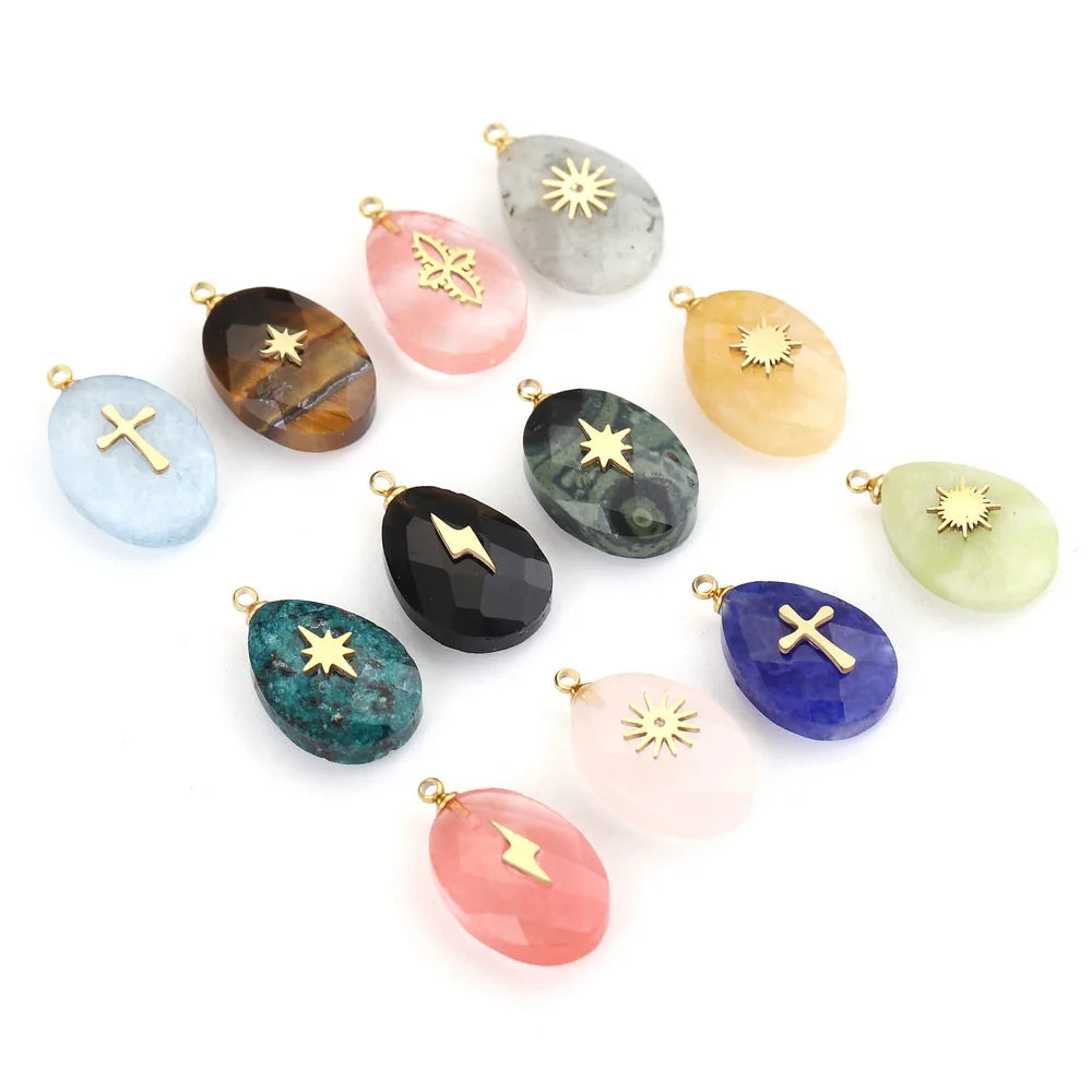 Natural Stone Stainless Steel Square Teardrop Charms Quartz Sun Cross Pendants Earrings Necklace for DIY Jewelry Making