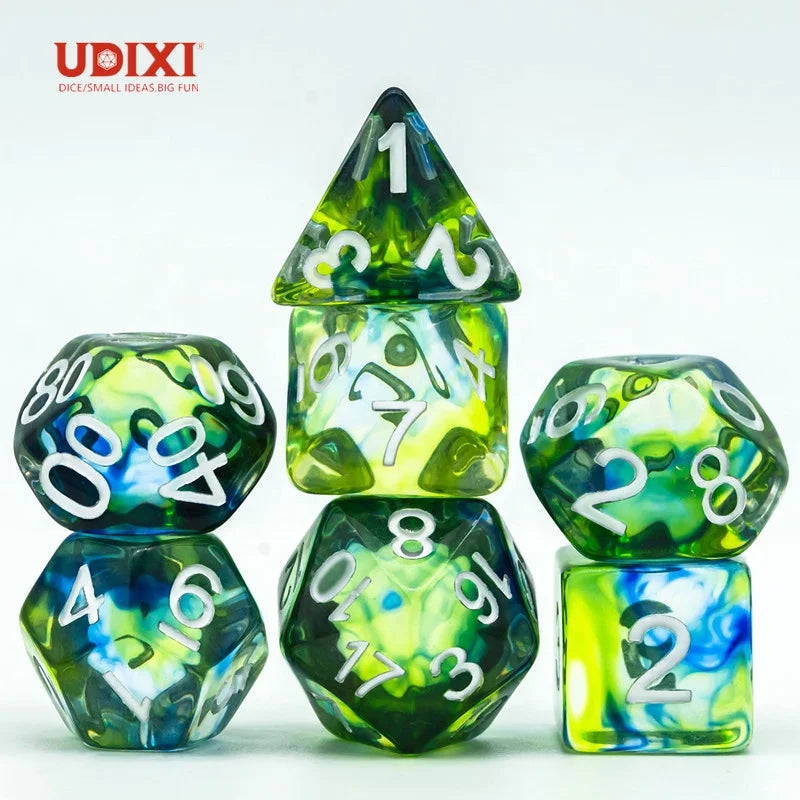 For Udixi Customizable Logo Polyhedral-shaped Resin RPG Dice Set Glaze Green with Colored Finish for Dungeons and Dragons