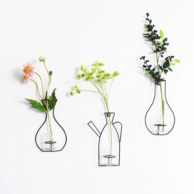 Living Room Hydroponic Flower Arrangement Container Nordic Creative Iron Wire Frame Glass Wall Hanging Vase