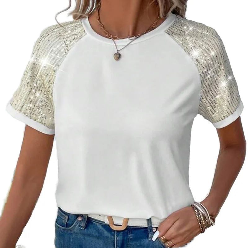 Luxury 95%Cotton 5%Elastane Round Neck Comfort Sequin Women'S T Shirts Fashion Contrast Sequin Raglan Sleeve Womens T Shirts
