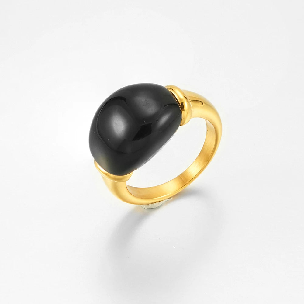 Latest 18K Gold Plated Stainless Steel Jewelry Oval Olive/Black Color Glass Stone Trendy for Women Accessories Ring R244439