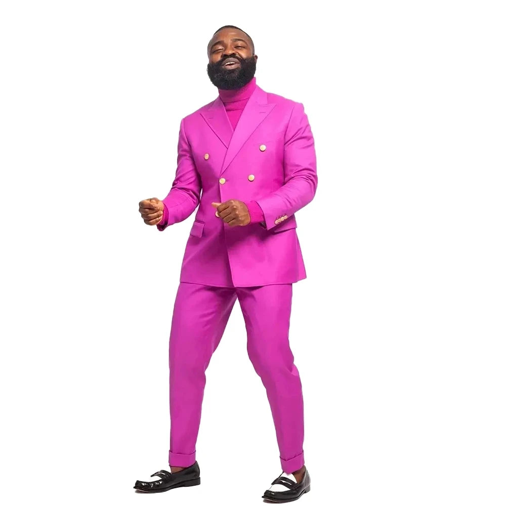 Handsome Fuchsia Plus Size Grooms Men Suits Double Breasted  Blazer Designed Party Wedding Prom Jacket Pants Outfits