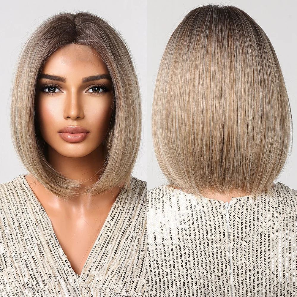 Front Lace Short Brown Straight Synthetic Wigs Natural Hairline Hand-tied Part Lace Wig for Women Daily Party Heat Resistant Wig