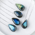 Natural Healing Water Drop Labradorite Crystal Pendant Gemstone Moonstone Energy Necklace for Men Women Hand-Woven Rope Gift