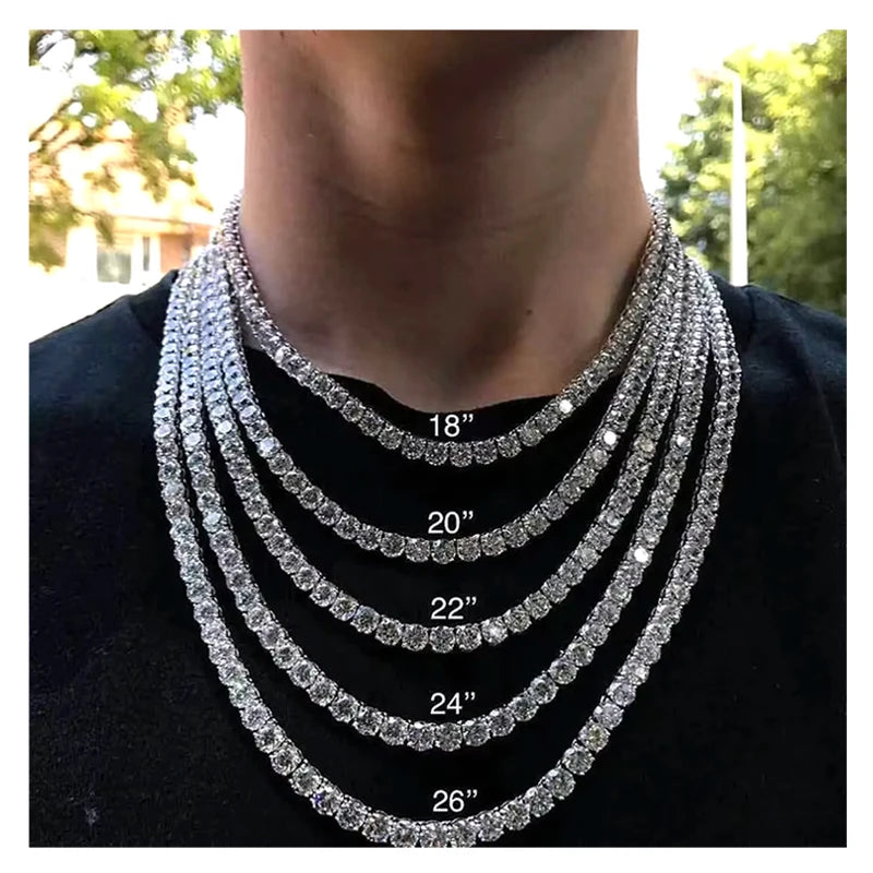 4mm Hip Hop Iced Out Diamond Tennis Chain Zircon Link Brass Necklace Jewelry for Men