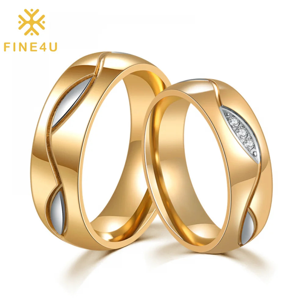 Gold Plated Stainless Steel Jewelry Cubic Zirconia Engagement Wedding Couple Ring Set for Lovers