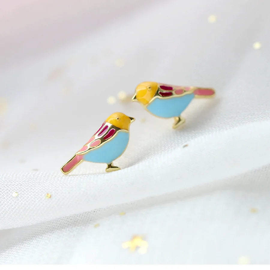 Minimalist South Korea Fashion 925 Sterling Silver Enamel Bird Stud Earrings Jewelry for Girls