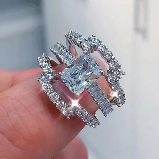 CAOSHI Luxury 3PCS Sets Ladies Emerald Cut Cubic Zircon Rings for Sliver Plated Engagement Wedding Ring Set Women