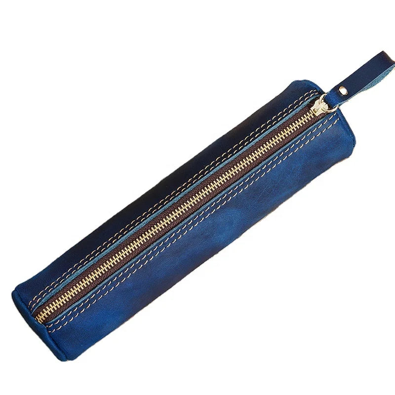 Fashion Genuine Leather Handmade Durable Zipper Pen Bag Custom Brand Logo Promotional Pencil Case Simple Style 20.5x5.2cm