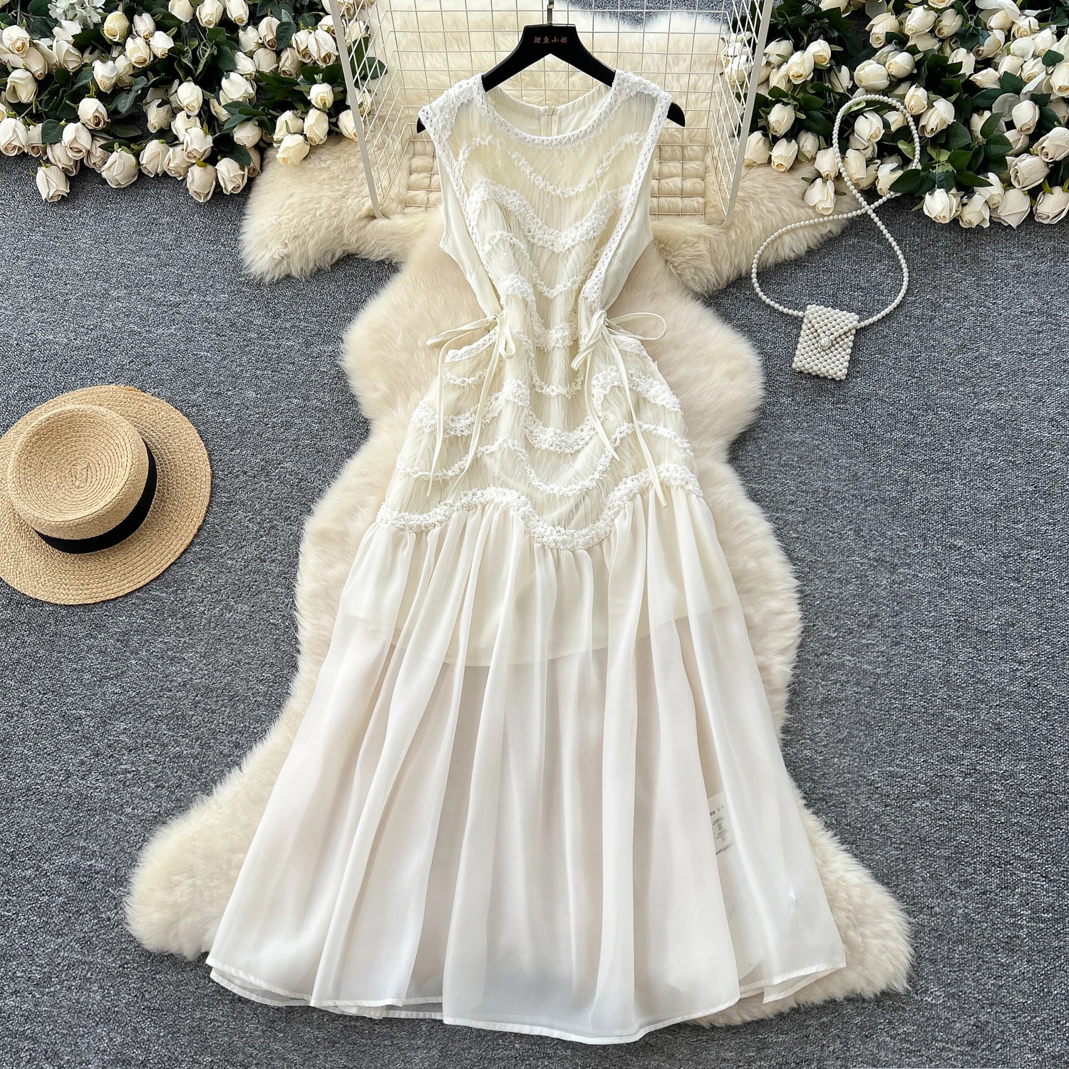 French Lace Splicing Irregular Dresses Women Summer Premium Tie Waist Long Dresses