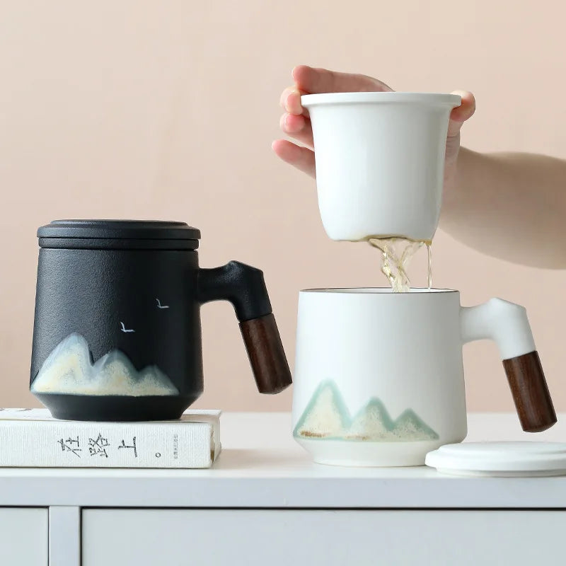 Tea Cup Ceramic Filter With Cover Home Office Tea and Water Separation Teacup Mug Water Cup