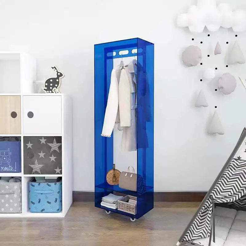Blue Acrylic Floor-Type Coat Rack with Wheels for Bedroom & Living Room Bathroom Hanging Clothes Storage Food Use