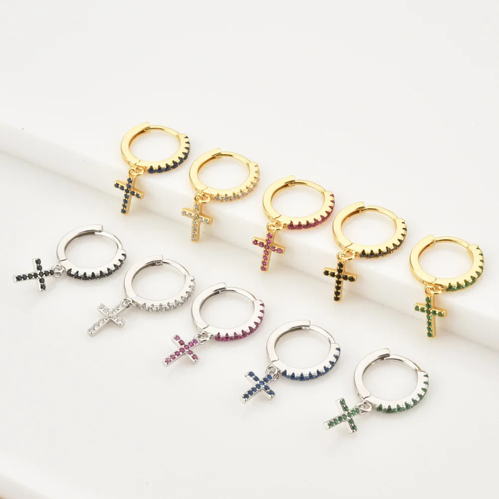 Hot Sale 925 Sterling Silver Gold Plated Jesus Cross Colorful Cubic Zirconia Earrings Geometric Diamond Earring YF3009