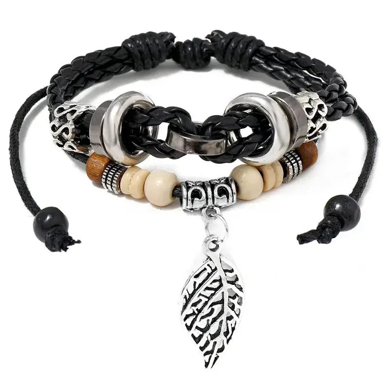 Wholesale Handmade Multi-Layer Braided Leather Bracelets for Women Fashion Alloy Beaded Pendant Charm Accessory