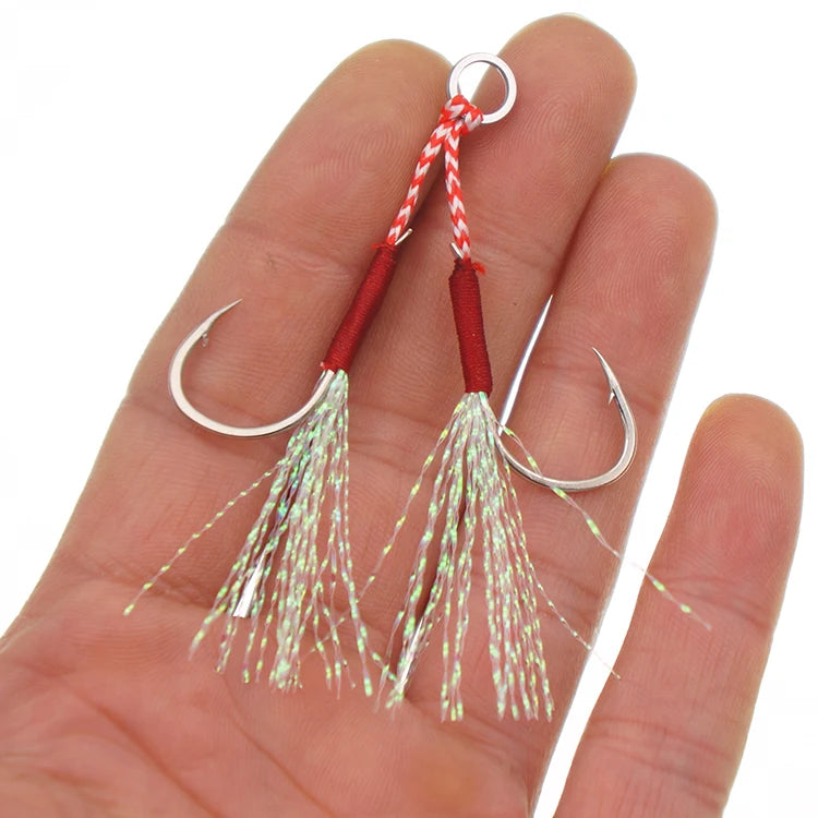Double Fishing Jig Hook for Slow Pitch Jigging Lures Assist Fishing Hooks OEM Luminous Picture Sport Fish Hooks OPP Packaging