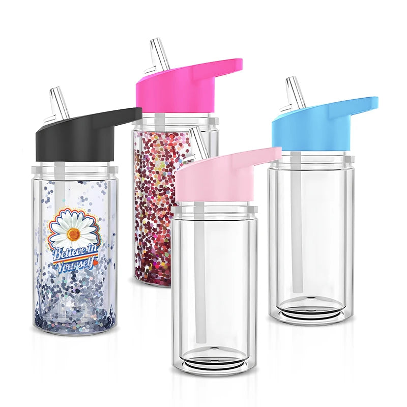 300ml 500ml Snow Globe Plastic Kids Tumbler Double Walled Acrylic Cup for Children DIY Glitter Sports Water Bottle