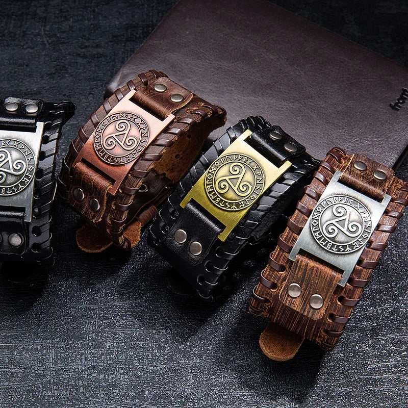 Punk Nordic God Rune Wide Leather Bracelet Viking Solomon Totem Men Leather Bracelet