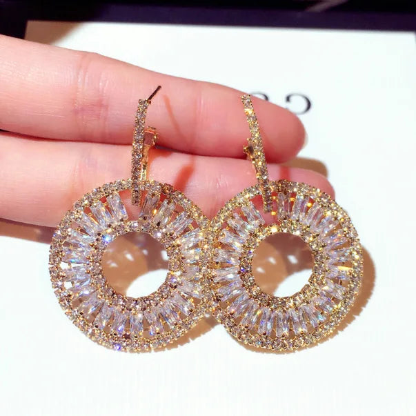 HOVANCI Bling Bling Exquisite Crystal Circle Pendant Earrings Hollow Geometric Rhinestone Stud Earrings for Girls Wedding Gift