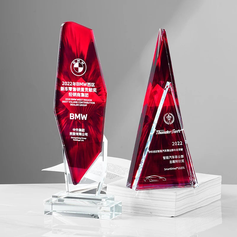 Custom Made Red Commemorative Medal Creative Crystal Trophy Outstanding Employee Champion Annual Meeting Honor Carved Model