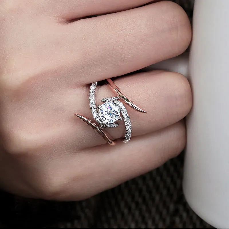 Huitan Fashion Twisted Dainty Shiny Round Zircon Thin Anillos Double Lines Lady Women Rose Gold Silver Fashion Wedding Rings