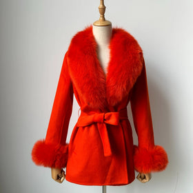 Elegant Red Cashmere Coat With Fox Fur Collar Cuffs Women Autumn Winter Fashion Outfits Cashmere Wool Coat With Real Fur Clothes
