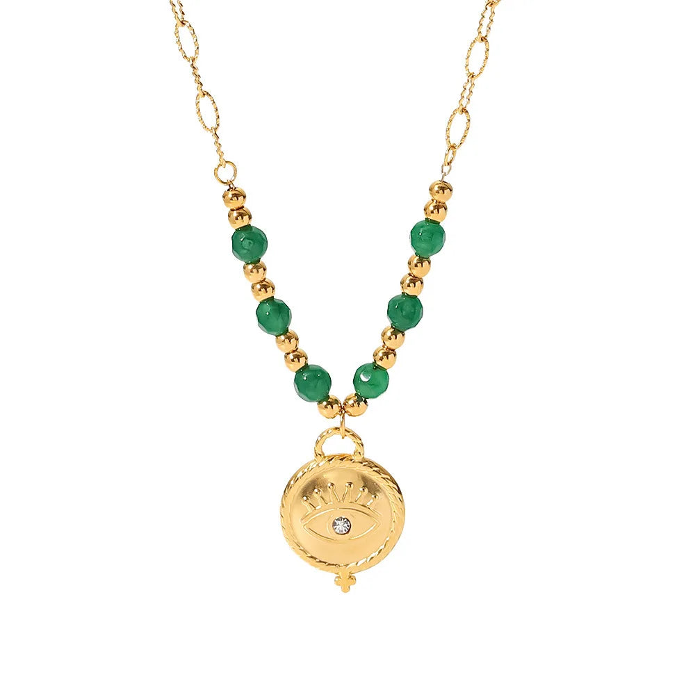 New Fashion Jewelry 18K Gold Plated Green Beads Eye Collar Para Mujer Stainless Steel Round Signet Eye Pendant Necklace
