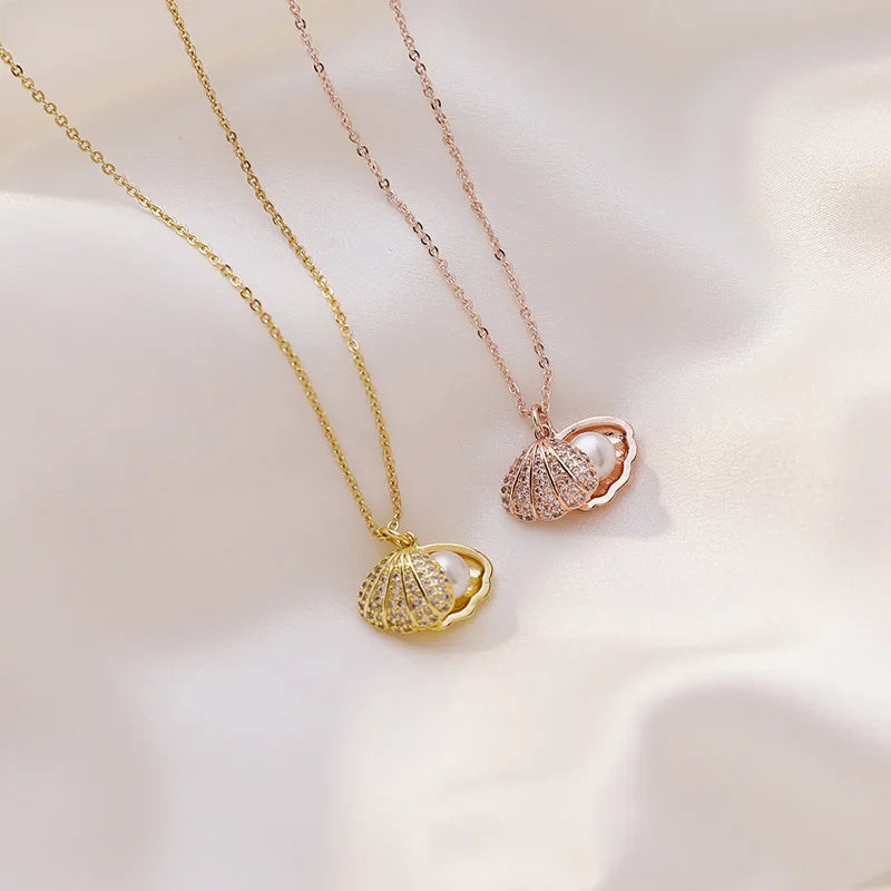 New Boho Beach Summer Jewelry Cubic Zircon Cowrie Shell Pearl Clavicle Chain Conch Seashell Necklace