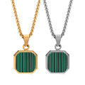 Vintage Men Pearl Shell Turquoise Natural Gemstone Necklace Stainless Steel Gold Square Green Malachite Stone Pendant Necklace