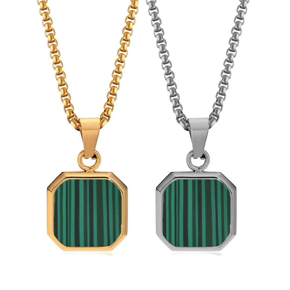 Vintage Men Pearl Shell Turquoise Natural Gemstone Necklace Stainless Steel Gold Square Green Malachite Stone Pendant Necklace