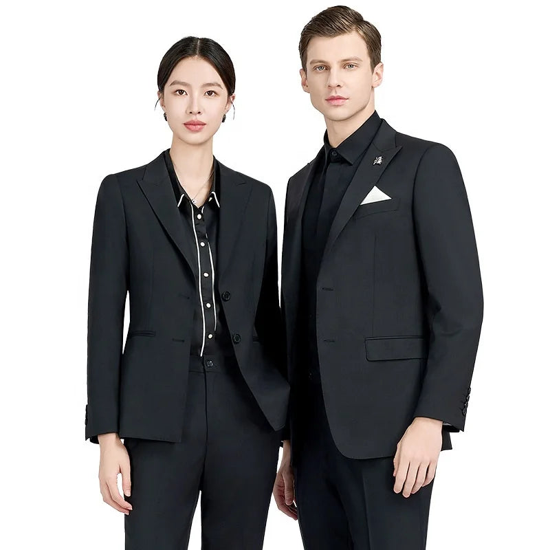 Button Decoration Solid Pattern Men's Black Wool Wedding and Professional Casual Men's Women's Suit Office Uniform