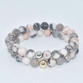 Natural Stone pink jasper Matte zebra Gemstone Sterling Silver 925 Round Bead 18K Gold Beaded Bracelet