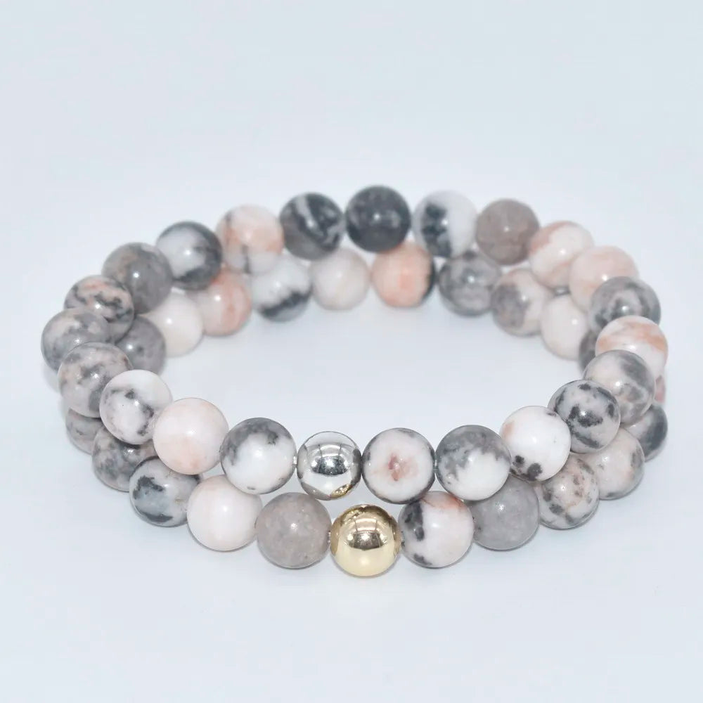 Natural Stone pink jasper Matte zebra Gemstone Sterling Silver 925 Round Bead 18K Gold Beaded Bracelet