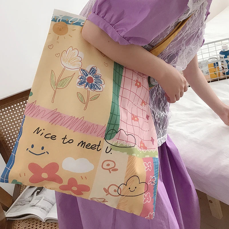 Cute Letter Pattern Eco-friendly Cotton Canvas Tote Bag for Women Custom Logo Printed Foldable Reusable School Gift
