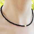 Minimalist Natural Black Onyx Faceted Healing Beaded Necklace for Women Men Pearl Charm 14K Gold Plated Adjustable Chain Choker
